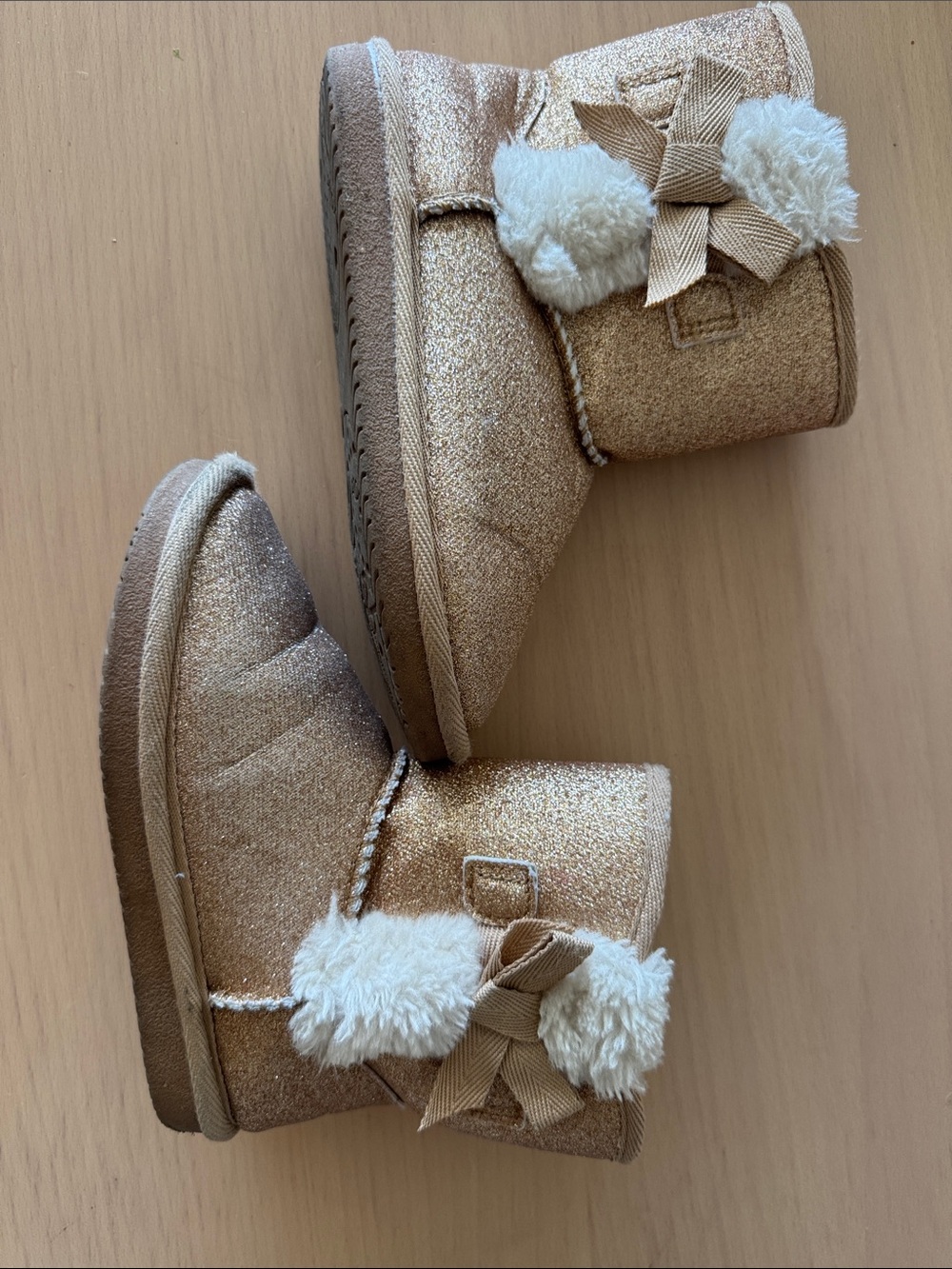 Kids Sparkle Tan golden Boots with Faux Fur Pom Poms